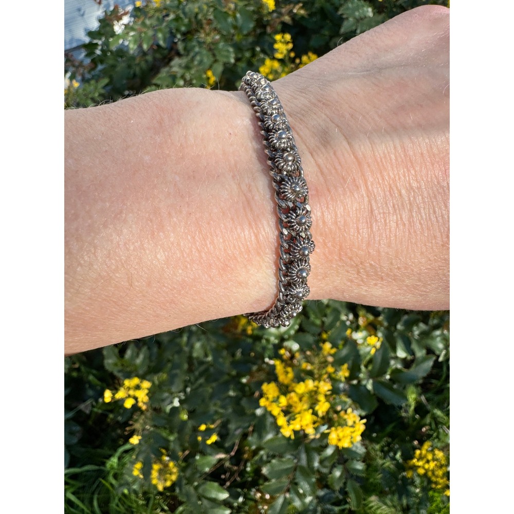 Vintage Boho Floral Link Curb Chain Bracelet Womens 6.75 Silver Tone Ornate
